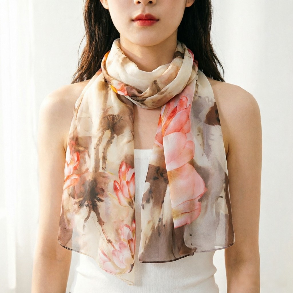 Watercolor Lotus Chiffon Scarf - Face Scarf Mask ulasan dan harga